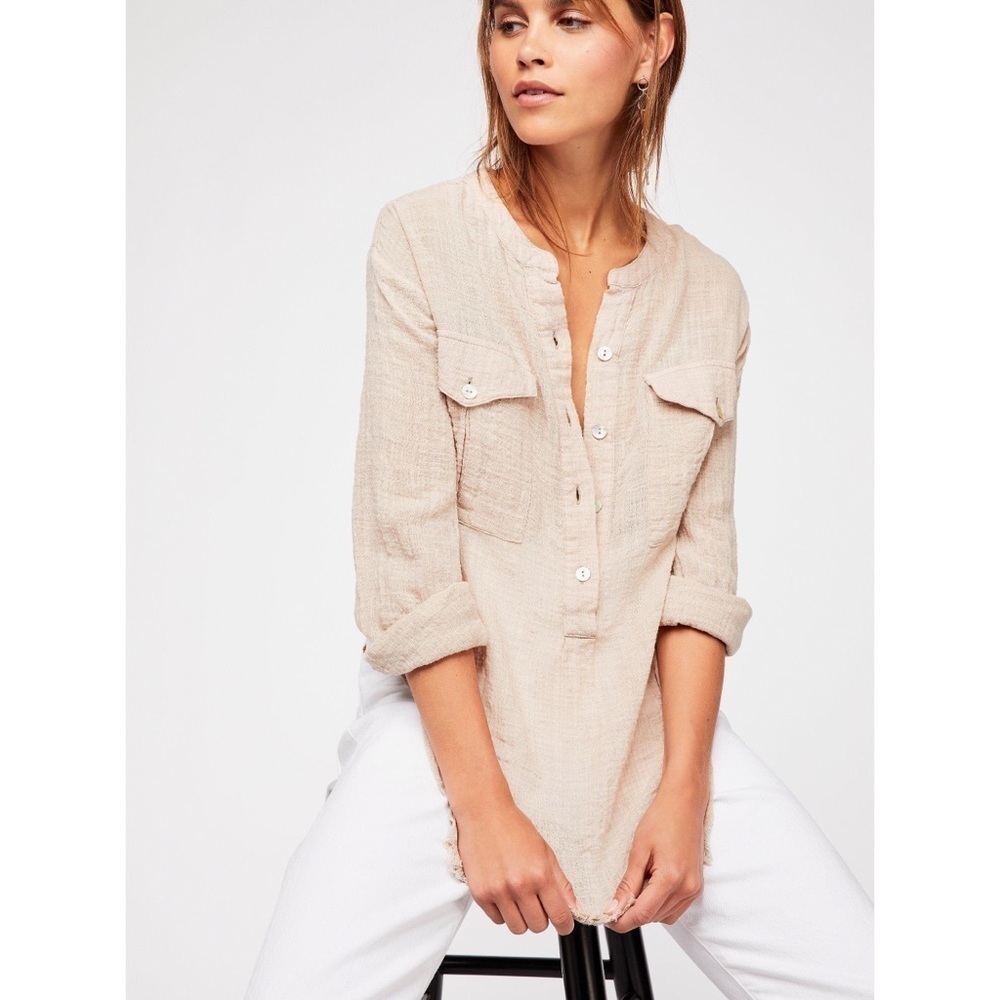 Free People Talk To Me Button Down Raw Hem Top